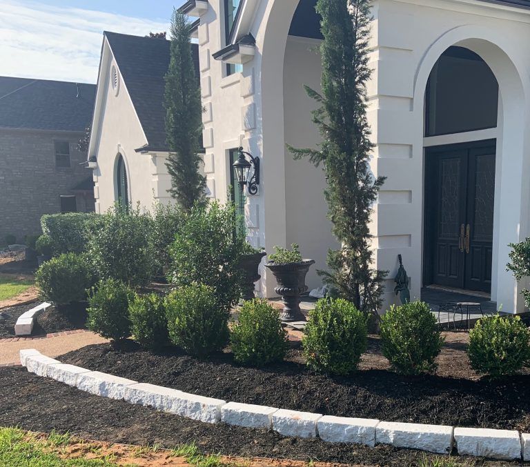 white limestone border with black mulch, tall greenery trees, white house with green landscaping