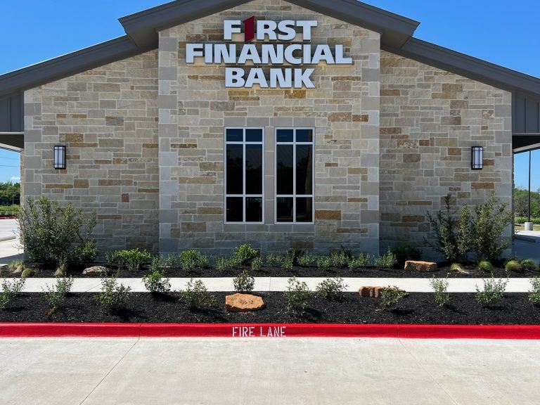 First Financial Bank Landscape, Bryan TX, boulder landscape