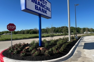 First Financial Bank landscape installation, autumn sages and mulch