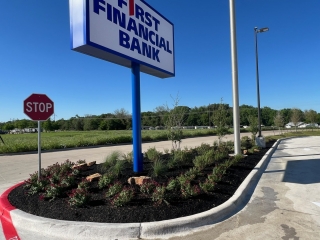 First Financial Bank landscape installation, autumn sages and mulch